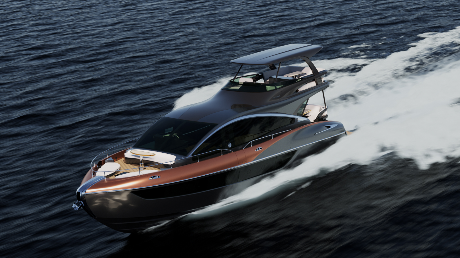 The Lexus LY 680 yacht, in black and copper colourway, sailing over the water